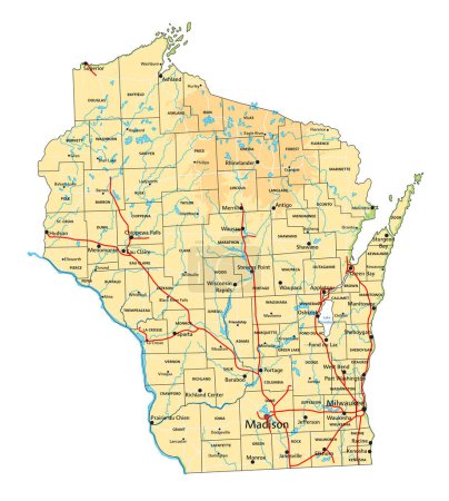 Carte physique détaillée du Wisconsin avec étiquetage.