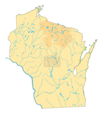 Ilustración de Mapa físico de Wisconsin alto detallado. - Imagen libre de derechos