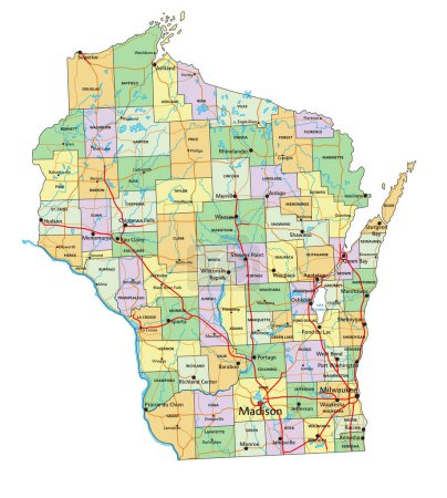 Téléchargez les illustrations : Wisconsin - Carte politique éditable très détaillée avec étiquetage. - en licence libre de droit