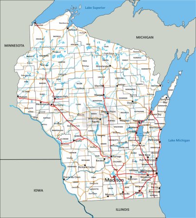 Téléchargez les illustrations : Carte routière détaillée du Wisconsin avec étiquetage. - en licence libre de droit