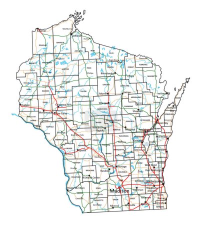 Téléchargez les illustrations : Carte routière et routière du Wisconsin. Illustration vectorielle. - en licence libre de droit