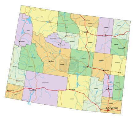 Ilustración de Wyoming - Mapa político editable altamente detallado con etiquetado. - Imagen libre de derechos