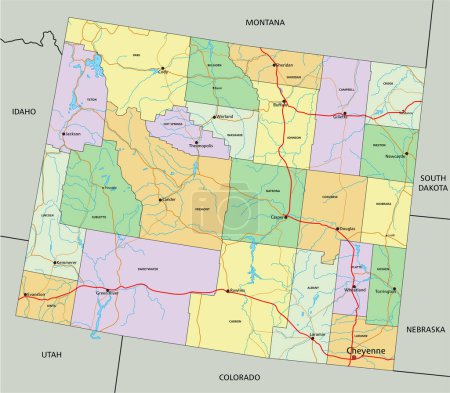 Ilustración de Wyoming - Mapa político editable altamente detallado con etiquetado. - Imagen libre de derechos