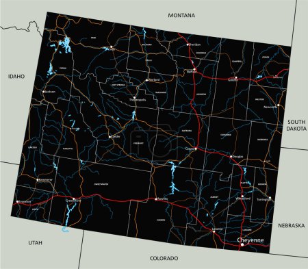 Ilustración de Hoja de ruta de Wyoming detallada con etiquetado. - Imagen libre de derechos
