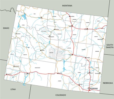 Téléchargez les illustrations : Carte routière détaillée du Wyoming avec étiquetage. - en licence libre de droit