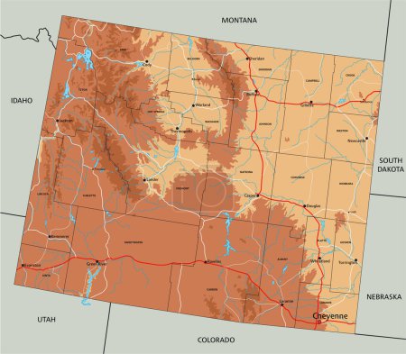 Ilustración de Mapa físico de Wyoming altamente detallado con etiquetado. - Imagen libre de derechos