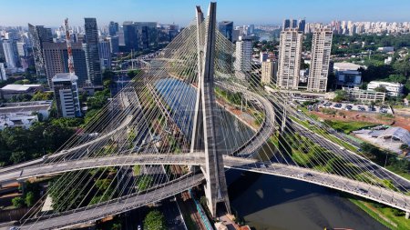 Photo for Cable Stayed Bridge At Cityscape In Sao Paulo Brazil. Downtown Bridge. Traffic Road. Sao Paulo Brazil. City Life Landscape. Cable Stayed Bridge At Cityscape In Sao Paulo Brazil. - Royalty Free Image