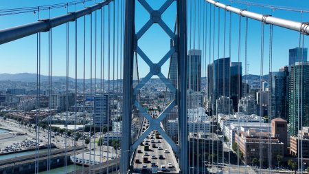 Photo for Oakland Bay Bridge At San Francisco In California United States. Cable Bridge Aerial Landscape. Freeway Road Scenery. Oakland Bay Bridge At San Francisco In California United States. - Royalty Free Image