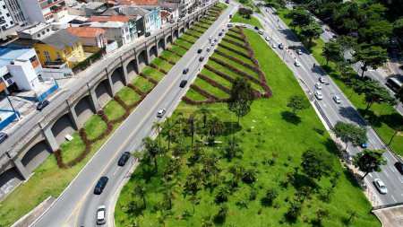 Photo for Panoramic aerial view of famous crossing between East Radial highway road and May 23 avenue at downtown Sao Paulo. East west connection of regions of city. Transportation scenery. - Royalty Free Image