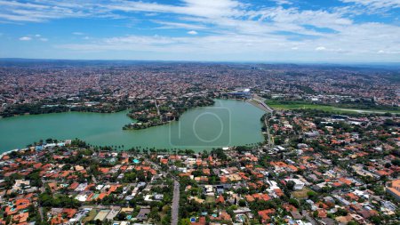 Photo for Metropolis aerial view of landmark Pampulha lake and sports centre stadium near amusement park at downtown Belo Horizonte Minas Gerais Brazil. Landmark of city. - Royalty Free Image