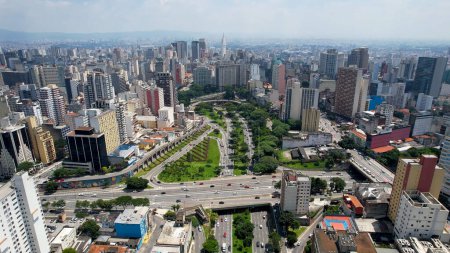 Photo for Panoramic aerial view of famous crossing between East Radial highway road and May 23 avenue at downtown Sao Paulo. East west connection of regions of city. Transportation scenery. - Royalty Free Image