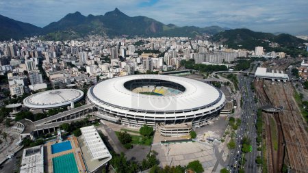 Photo for Cityscape of Maracana Stadium at Rio de Janeiro Brazil. Stunning landscape of sports centre at downtown district. Soccer field stadium at downtown Rio de Janeiro Brazil. - Royalty Free Image