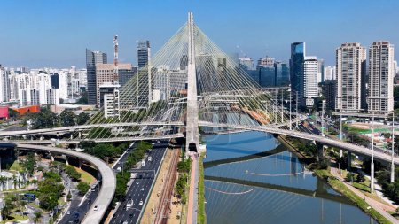 Photo for Cable Stayed Bridge At Downtown In Sao Paulo Brazil. Cityscape Bridge. Traffic Road. Sao Paulo Brazil. City Life Landscape. Cable Stayed Bridge At Downtown In Sao Paulo Brazil. - Royalty Free Image