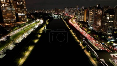 Photo for Cable Stayed Bridge At City Night In Sao Paulo Brazil. Downtown Bridge. Traffic Road. Sao Paulo Brazil. City Life Landscape. Cable Stayed Bridge At City Night In Sao Paulo Brazil. - Royalty Free Image