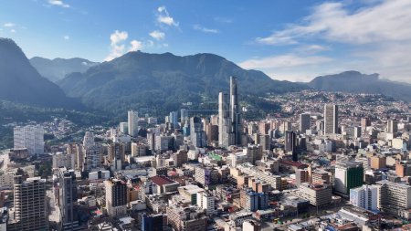 Monserrate Mountain At Bogota In Cundinamarca Colombia. Downtown Cityscape. Financial District Background. Bogota At Cundinamarca Colombia. High Rise Buildings. Business Traffic.