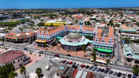 Photo for Caribbean Bar At Oranjestad In Caribbean Netherlands Aruba. Caribbean City. Downtown Skyline. Oranjestad At Caribbean Netherlands Aruba. Cityscape Landmark. Colored Buildings. - Royalty Free Image