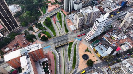 Freeway Road At Bogota In District Capital Colombia. High Rise Buildings Landscape. Cityscape Background. Bogota At District Capital Colombia. Downtown City. Urban Outdoor.
