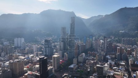 Sunset Skyline At Bogota In District Capital Colombia. Downtown Cityscape. Financial District Background. Bogota At District Capital Colombia. High Rise Buildings. Business Traffic.