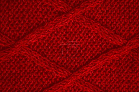 Photo for Linen Knitted Wool. Vintage Woven Pullover. Cotton Knitwear Christmas Background. Weave Knitted Fabric. Red Closeup Thread. Nordic Holiday Canvas. Fiber Scarf Garment. Abstract Wool. - Royalty Free Image