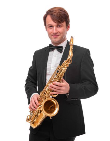 Téléchargez les photos : Saxophoniste sur fond blanc. - en image libre de droit