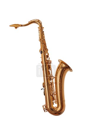 Foto de Saxofón aislado sobre fondo blanco. Saxofón dorado. - Imagen libre de derechos