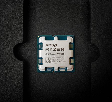 Photo for Uzhgorod, Ukraine - August 28, 2023: AMD Ryzen 9 7950X3D processor close-up. Studio shot. - Royalty Free Image