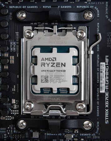 Photo for Uzhgorod, Ukraine - August 28, 2023: AMD Ryzen 9 7950X3D processor close-up installed in motherboard socket. Studio shot. - Royalty Free Image