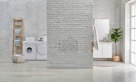 Photo for White bathroom ceramic wall interior style with sink mirror and washing machine style, brick wall cabinet and home accessory decoration, cleaning material. - Royalty Free Image
