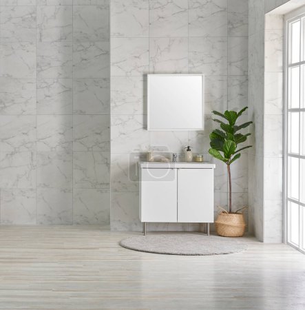 Foto de Lavadora y baño estilo espejo fregadero, fondo de pared de cerámica blanca. - Imagen libre de derechos