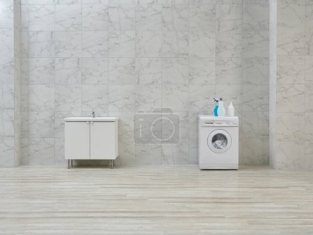 Téléchargez les photos : Machine à laver et armoire et évier dans la salle de bain blanche, matériaux de nettoyage, vêtements sales dans le style panier. - en image libre de droit
