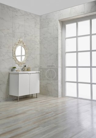 Téléchargez les photos : Coin salle de bain moderne, armoire blanche et lavabo, miroir et objets décoratifs. - en image libre de droit
