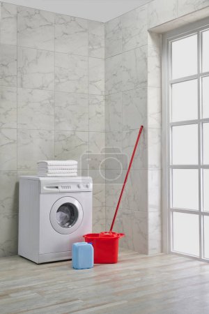 Foto de Lavadora en la sala de baño, kits de limpieza, estilo de esquina, objeto decorativo, toalla, cepillo, ropa sucia. - Imagen libre de derechos