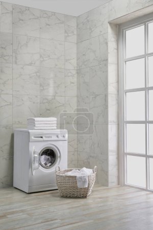 Photo for Washing machine in the bath room, corner style, decorative object, towel, brush, dirty clothes. - Royalty Free Image