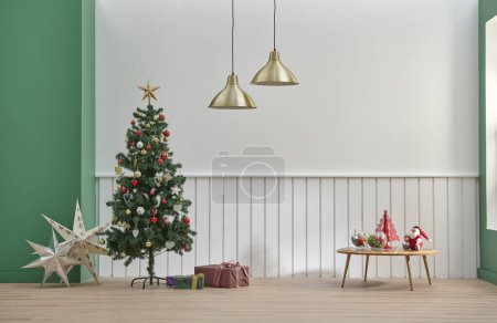 Foto de Fondo de pared blanco y verde, mesa central, lámpara de oro y estilo de árbol de Navidad, feliz concepto de habitación de año nuevo. - Imagen libre de derechos