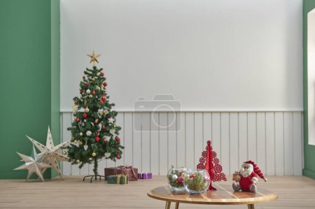 Photo for White and green wall background, middle table, gold lamp and Christmas tree style, happy new year room concept. - Royalty Free Image