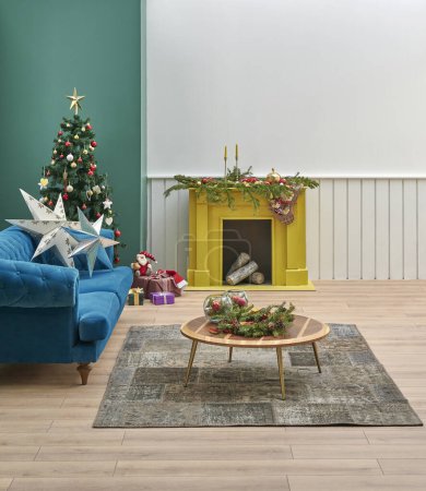 Photo for Green and white wall room happy new year concept, Christmas tree accessory gift box carpet design and yellow fireplace style. - Royalty Free Image