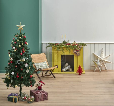 Foto de Blanco y verde de la pared de año nuevo estilo de Navidad, el concepto de interior de la chimenea y el diseño de la alfombra, muebles de sillón sofá. - Imagen libre de derechos