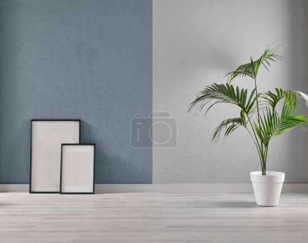 Photo for Grey and blue texture wall background with frame style, home decoration, colorful, vase of plant. - Royalty Free Image