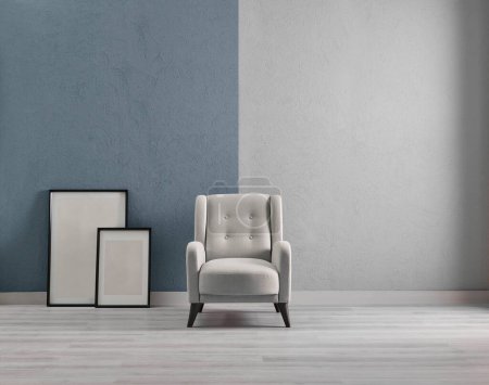 Foto de Grey and blue texture wall background with frame style, home decoration, colorful, sofa furniture. - Imagen libre de derechos