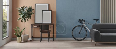 Téléchargez les photos : Modern working room interior home decoration, orange and blue textured wall background, vase of plant, bike. - en image libre de droit