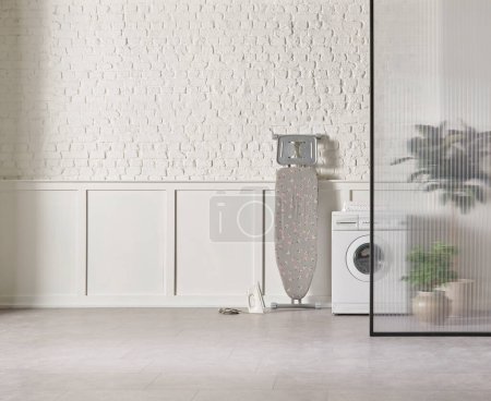 Foto de Lavadora en el baño, fondo de pared de ladrillo blanco, jarrón de planta, gabinete y suelo de mármol, pantalla plegable. - Imagen libre de derechos