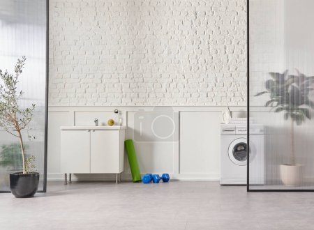 Foto de Small house interior concept, sport room and bathroom decoration with washing machine, white wall background, vase of plant. - Imagen libre de derechos