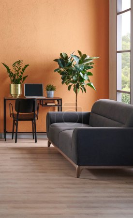 Foto de Decorative living room interior concept, modern home style, blue and orange wall background concrete,vase of plant, furniture, garden view, parquet floor. - Imagen libre de derechos