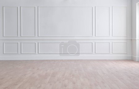 Téléchargez les photos : White classic wall background, brown parquet floor, home furniture detail, frame and vase of plant. - en image libre de droit