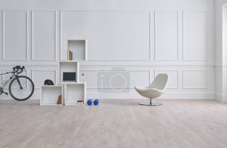 Foto de White classic wall background, brown parquet floor, home furniture detail, frame and vase of plant. - Imagen libre de derechos