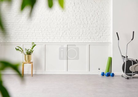 Téléchargez les photos : Salle de sport moderne décorative de nouveau style dans la maison, tapis, haltère, vélo et mur de fond blanc. - en image libre de droit