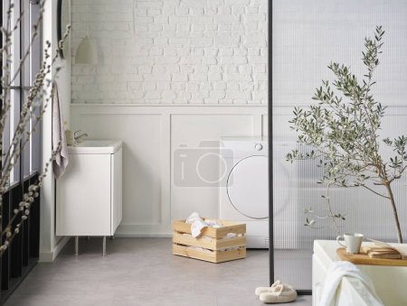 Photo for White bathroom, washing and dry machine, brick wall and transparent screen, cabinet sink and mirror, plant. - Royalty Free Image