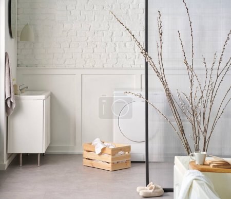 Foto de Baño blanco, lavadora y secadora, pared de ladrillo y pantalla transparente, fregadero y espejo del gabinete, planta. - Imagen libre de derechos