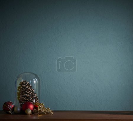 Téléchargez les photos : Noël et nouvel an accessoire sur la table et fond vert, cône, arbre, cadre. - en image libre de droit