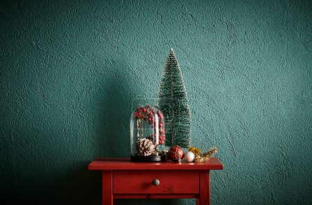 Photo for Christmas and new year accessory on the red table and green background, cone, tree. - Royalty Free Image